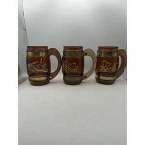 Vintage Siesta Ware Amber Glass Mugs Set 3 Wood Handles Brass Bands Etched